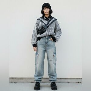 Forzano Vintage 90s Streetwear Sweater Black White Geometric Knit Unisex Medium